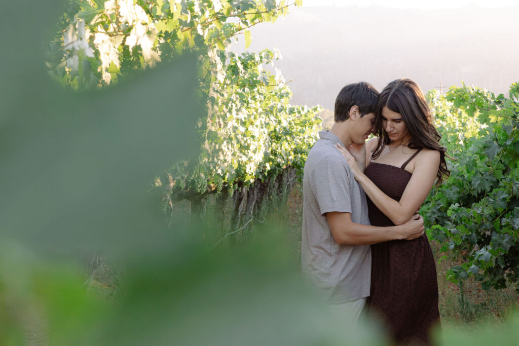 A couple in a romantic pose among the vineyards in St. Helena
