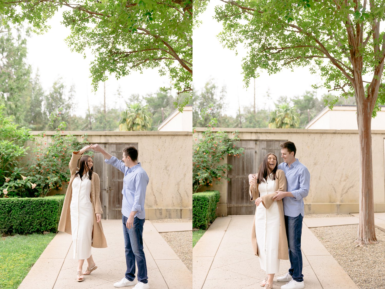 A joyful couple dancing and laughing during their cloudy morning Chateau St Jean Winery engagement session in Kenwood.