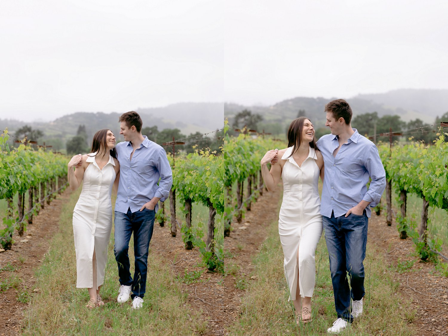 A couple walking hand-in-hand through rows of grapevines during their cloudy morning Chateau St Jean Winery engagement photos