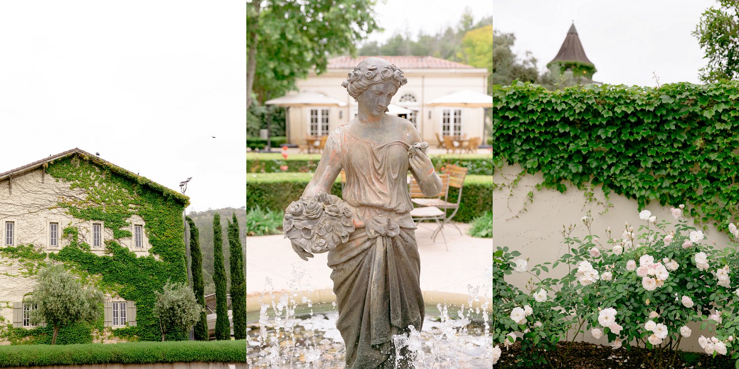 Beautiful fairytale architecture, stone statues, and white roses from a morning Chateau St Jean Winery engagement portrait session.