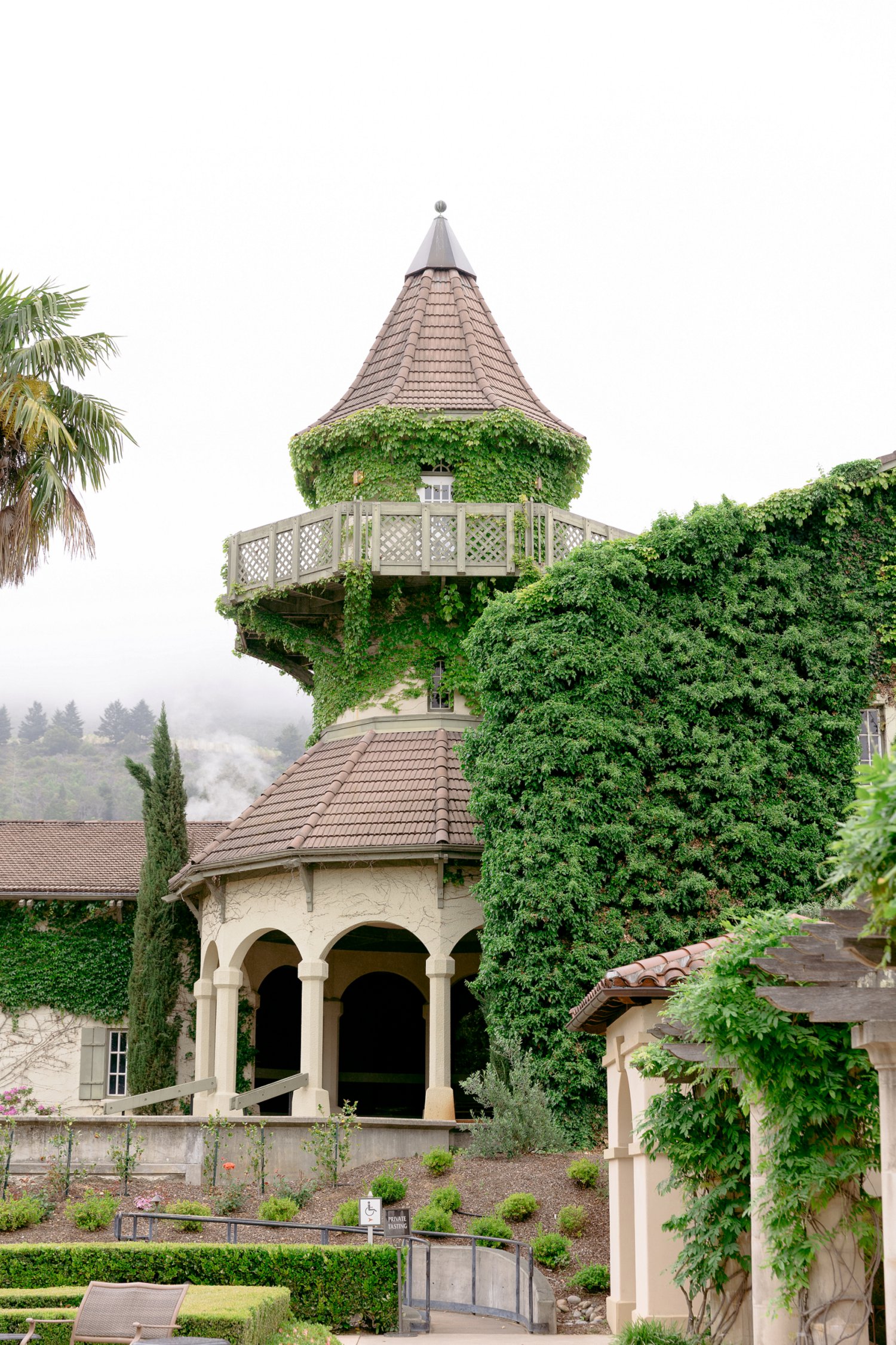 The iconic historic stone tower covered in green ivy during an overcast Chateau St Jean Winery engagement session.