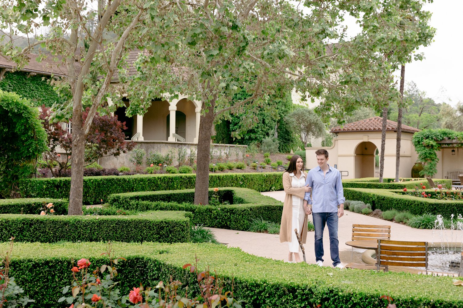 An elegant couple strolling through the sunken gardens during their morning Chateau St Jean Winery engagement portrait session.